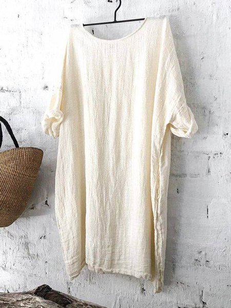 

Crew Neck Short Sleeve Shift Casual Weaving Dress, Apricot, Casual Dresses