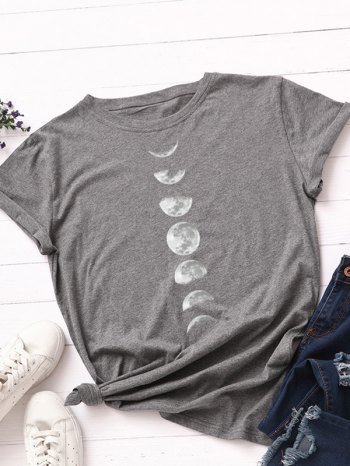 

Moon Graphic Printed Short Sleeve Tee, Gray, Tees & T-shirts