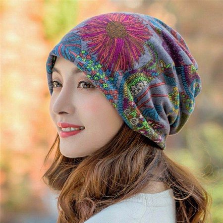 

Vintage Multicolor Geometric Floral Printed Casual Knitted Hat, Gray, Hats