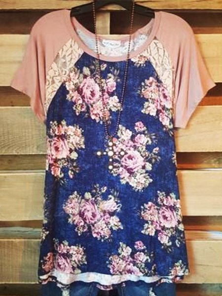 

Casual Crew Neck Floral-Print Floral Shirts & Tops, Pink, Tops