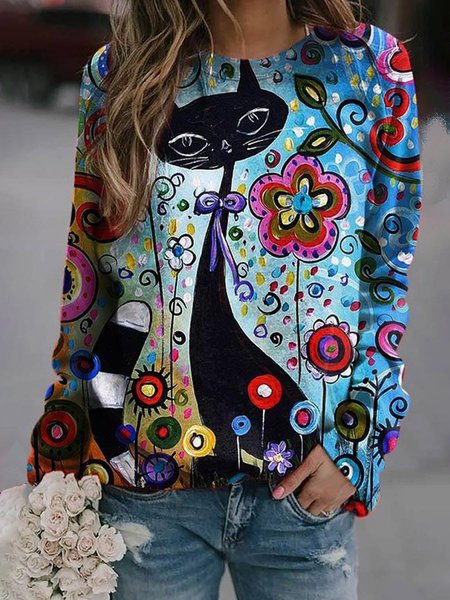 

Gradient Color Floral Cartoon Black Cat Graphic Sweatshirt, Blue, Hoodies&Sweatshirts
