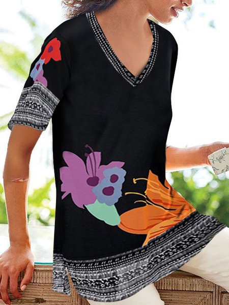 

V Neck Casual Shift Short Sleeve Top, Black, Blouses and Shirts