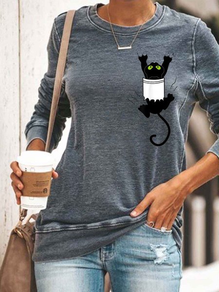 

Black Cat Faux Pocket Sweatshirt, Gray, Hoodies&Sweatshirts