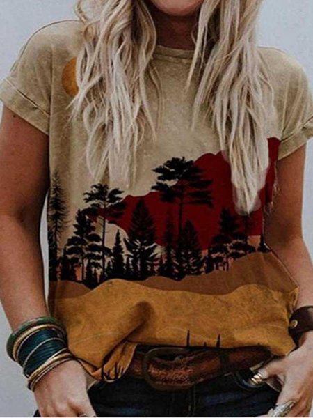 

Vintage Desert Forest Treetop Landscape Colorful Gradient Cat Print T-shirts, As picture, T-Shirts