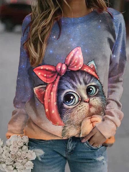

Felpa a maniche lunghe casual con stampa cielo stellato gatto fortunato, Multicolore, Hoodies & Sweatshirts