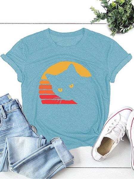 

Ombre Black Cat Graphic Print Short Sleeve Tee, Turquoise, T-shirts