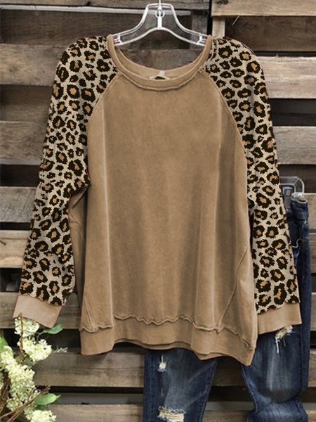 

Long Sleeve Vintage Round Neck Cotton-Blend Shirts & Tops, Khaki, Hoodies&Sweatshirts