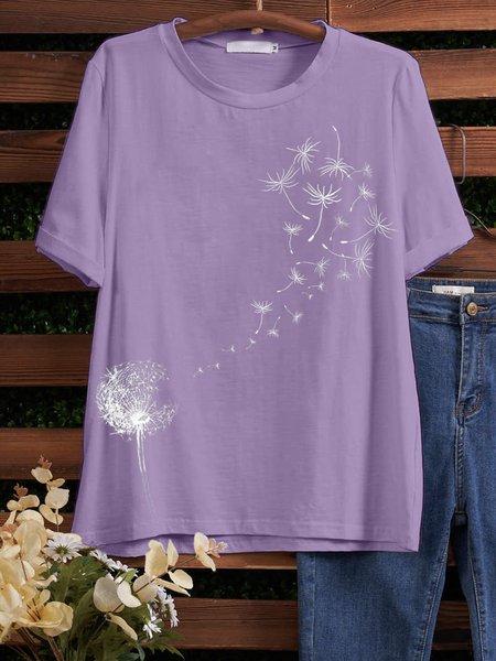 

Crew Neck Casual Dandelion print Shirt & Top, Purple, T-shirts