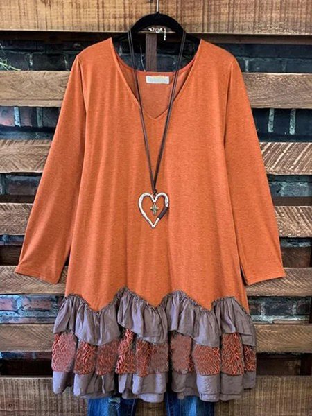 Orange Casual V Neck Shirts & Tops, Blouses