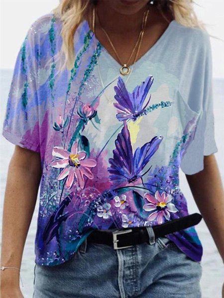 

T-shirt Farfalla Fiore Illustrazione Stampare, Viola, T-Shirts