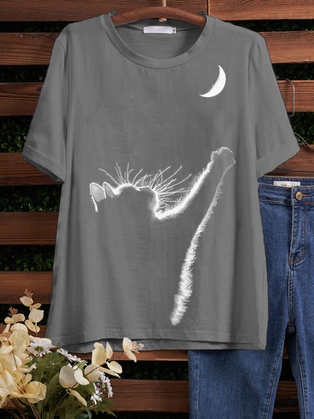 

Short Sleeve Cotton-Blend Casual Cat moon print Shirt & Top, Gray, T-shirts