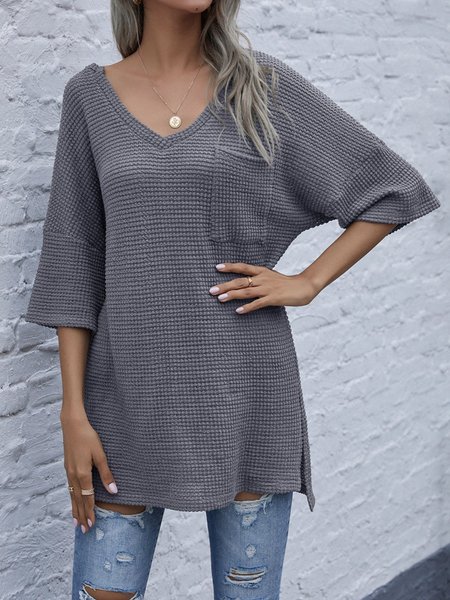 

Solid Short Sleeve Pockets Top, Light gray, Tops