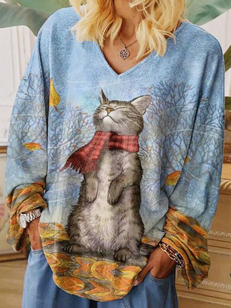 

Animal Casual V-Neckline Long Sleeve Blouses, Blue, Blouses & Shirts