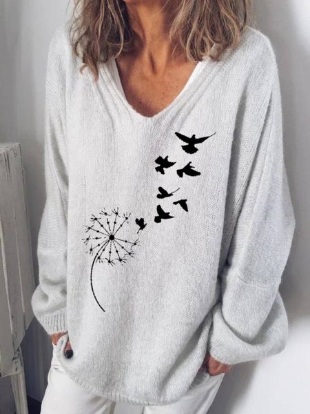 

Casual V Neck Long Sleeve Sweater, Light gray, Sweaters