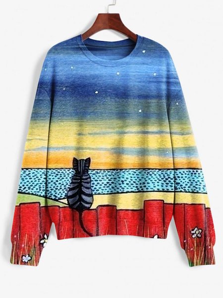 

Cat print Sweatshirt, Blue, Hoodies&Sweatshirts