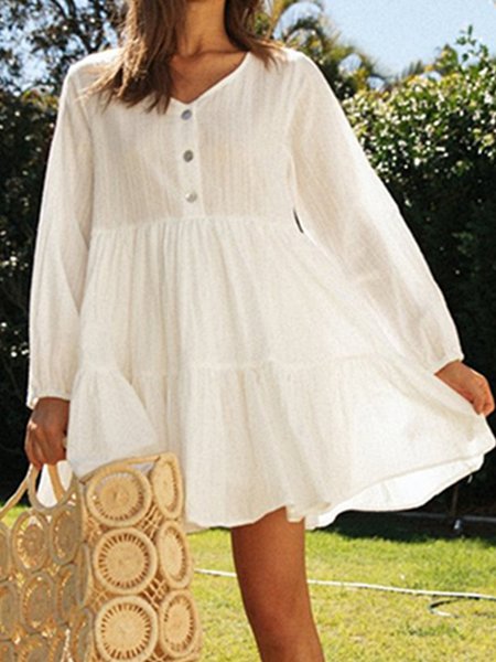 

V Neck Long Sleeve Mini Dress, White, Mini Dresses