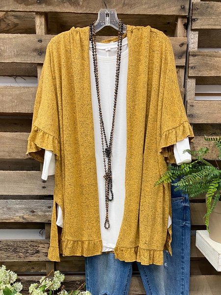 

Casual Side Slits Ruffled Trim on Sleeves & Hem Solid Cardigan Coat, Yellow, Cardigans