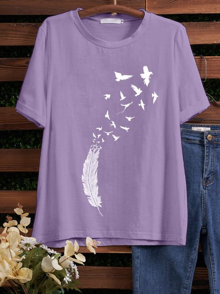 

Crew Neck Short Sleeve Cotton-Blend Feather print Shirt & Top, Purple, T-shirts