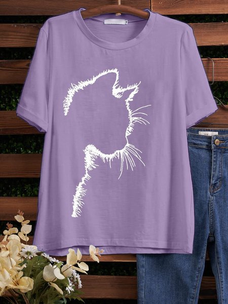 

Crew Neck Casual Cat print Shirt & Top, Purple, Tees & T-shirts