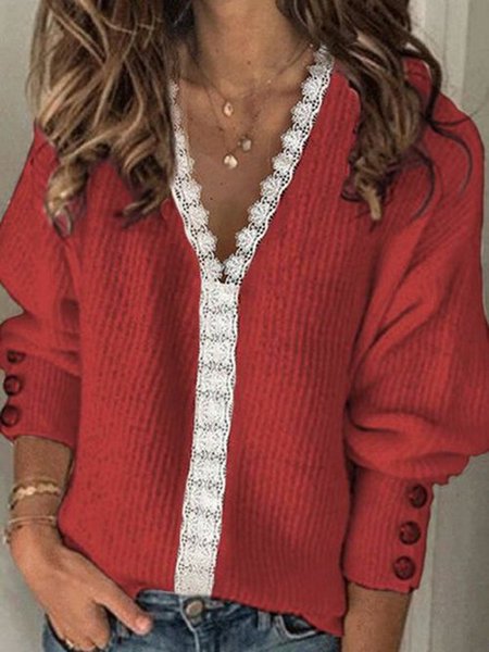 

Casual V Neck Long Sleeve Paneled Sweater, Red, Cardigans & Sweaters