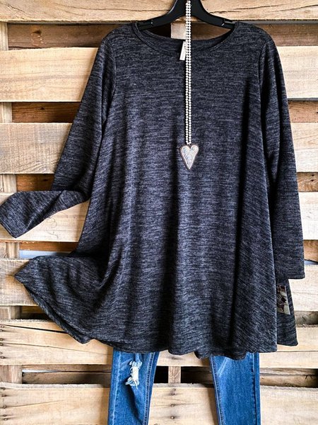 

Loose Solid Long Sleeve Round Elegant Tunic Tops, Deep gray, Tees & T-shirts