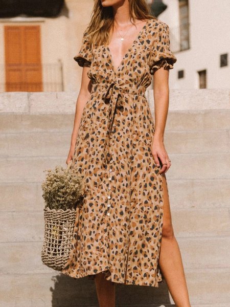 Printed V Neck Leopard Holiday Midi Dress, Maxi Dresses