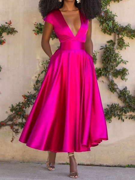 

V Neck Midi Weaving Dress A-Line Date Sexy Plain Dress, Rose red, Midi Dresses