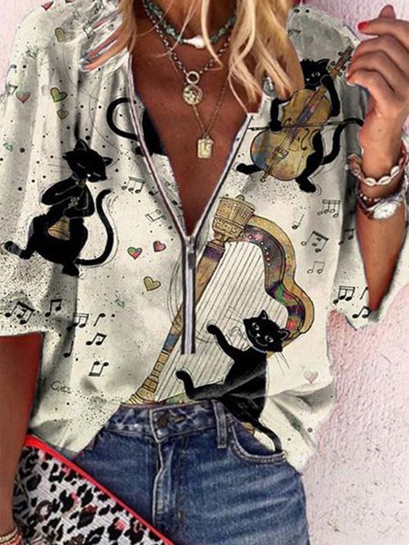 

Animal cute Kitty casual V-neck half sleeve shirt, White, Tees & T-shirts
