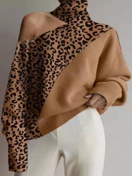 

Maglione Maniche Lunghe Casuale Spalla Nuda, Leopardo, Sweater