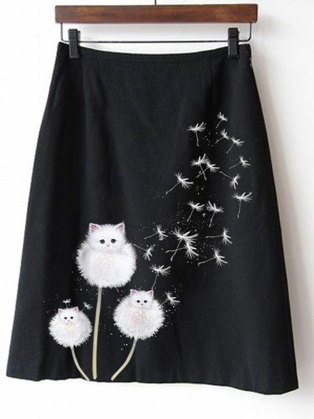 

Mini Gonna Nero Vintage Casuale Gatto Stampato A-line, Skirts