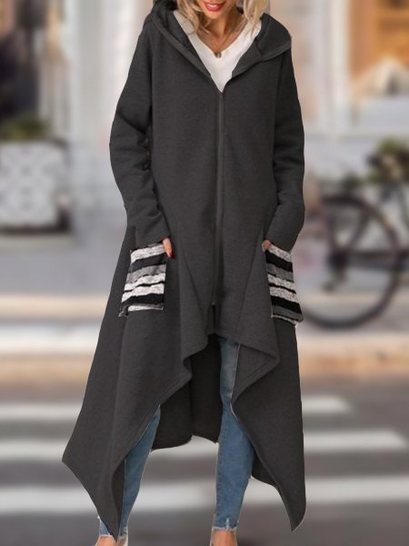 

Long Sleeve Holiday Stripes Draped Fleece Coat, Black, Coats