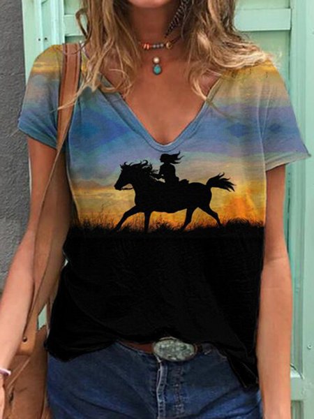 

Girl And Horse Silhouette Artistic Conception Print V-Neck T-Shirt, As picture, T-Shirts