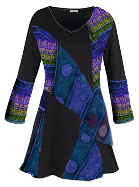 Casual A-Line Crew Neck Dresses, Blue, Dresses