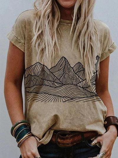 

Ladies mountain scenery printing Tee, Brown, T-Shirts