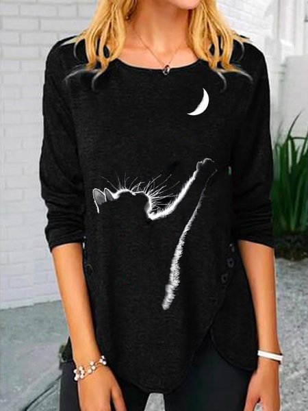

Polyester Cotton Crew Neck Casual Animal Shirts & Tops, Black, Tops
