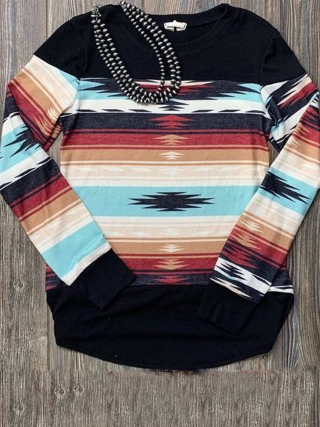 

Long Sleeve Vintage Crew Neck T-shirt, Black, Tops