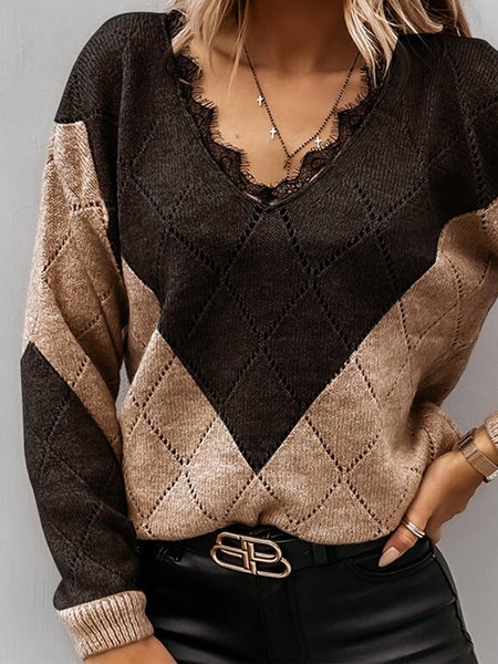 

Long Sleeve Color-Block V Neck Sweater, Light kahaki, Sweaters