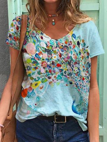 

New Women Fashion Cotton Floral Printed Casual T-Shirts, Blue, T-Shirts