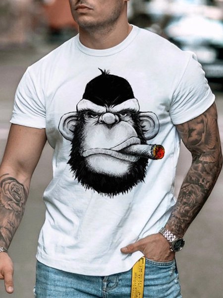 

Street Wear Cartoon Cotton-Blend Men's Fashion Print Tee, White, Men's t-shirts