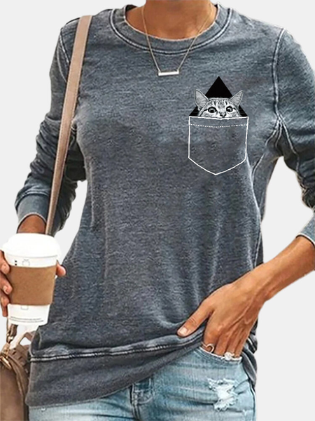

Cat Print Long Sleeve O-neck Casual T-Shirt, Gray, Long sleeve tops