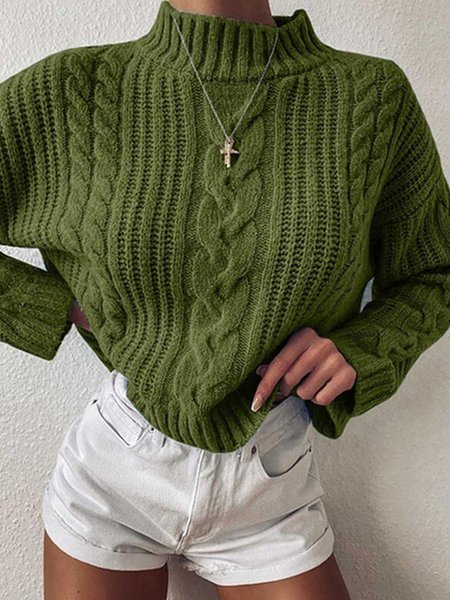 

Half High Collar Plain Long Sleeve Knit Pullover, Green, Sweaters