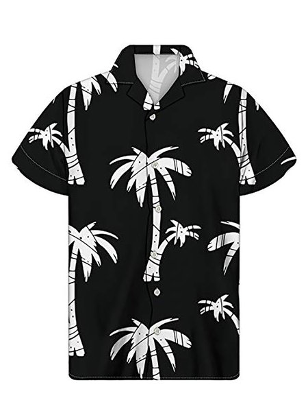 

Men's Lapel Coconut Tree Printed Shirts, Black, Blouses&Shirts