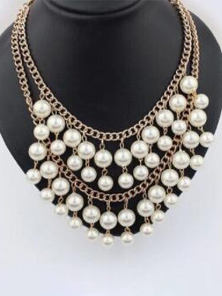 

New Women Chic Vintage Double Pearl Casual Necklaces, White, Necklaces