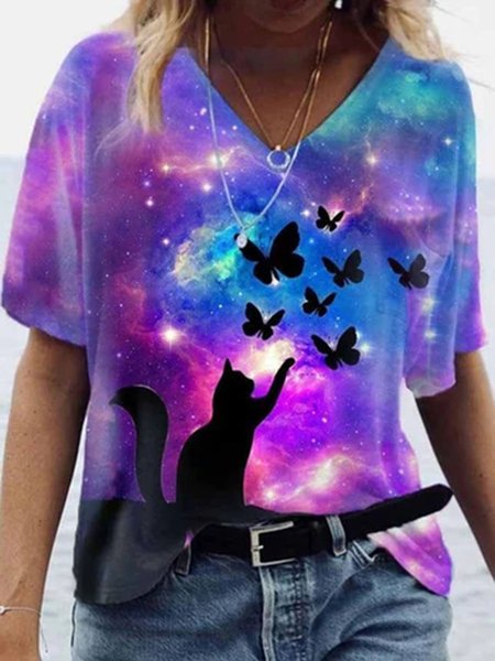 

Cat Butterfly Illusion Starry Sky Painting Print T-shirt, Purple, Tees & T-shirts