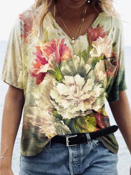 

New Women Fashion Plus Size Casual Carnation Flower Illustration Print T-shirt, Beige, T-Shirts