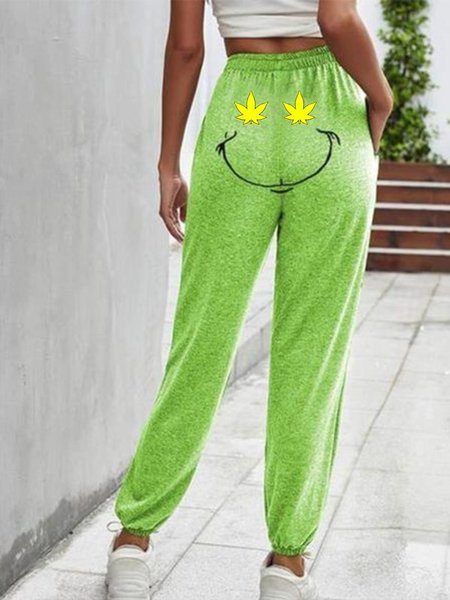 

Cartoon Floral-Print Pants, Green, Sport Pants