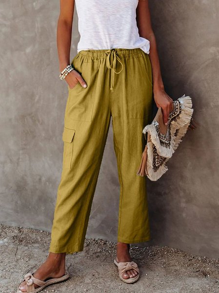 

Solid Color Drawstring Multiple Pockets Casual Overalls Pants, Yellow, Pants