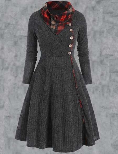 

Casual Cotton Long Sleeve A-Line Dresses, Deep gray, Dresses