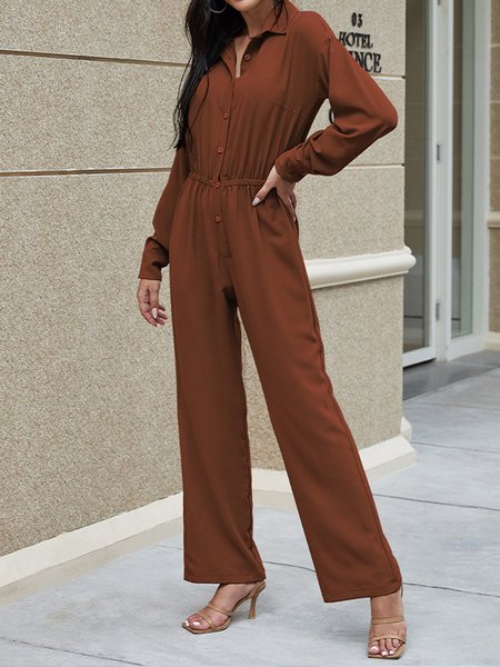 

Shirt Collar Jumpsuit & Romper, Brown, Jumpsuits