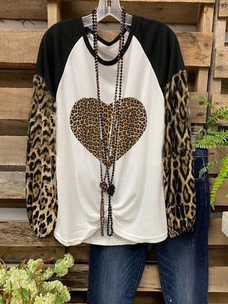 

Round Neck Casual Leopard Long Sleeve Shirts & Tops, White, Winter Clearance